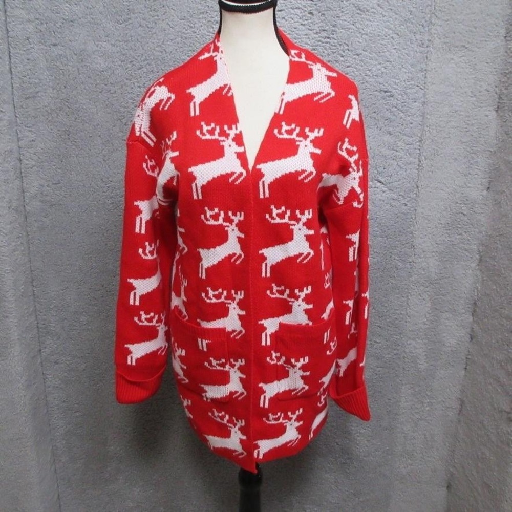 Zesica Christmas Cardigan Sweater Womens Medium Red Reindeer Open Front Pockets